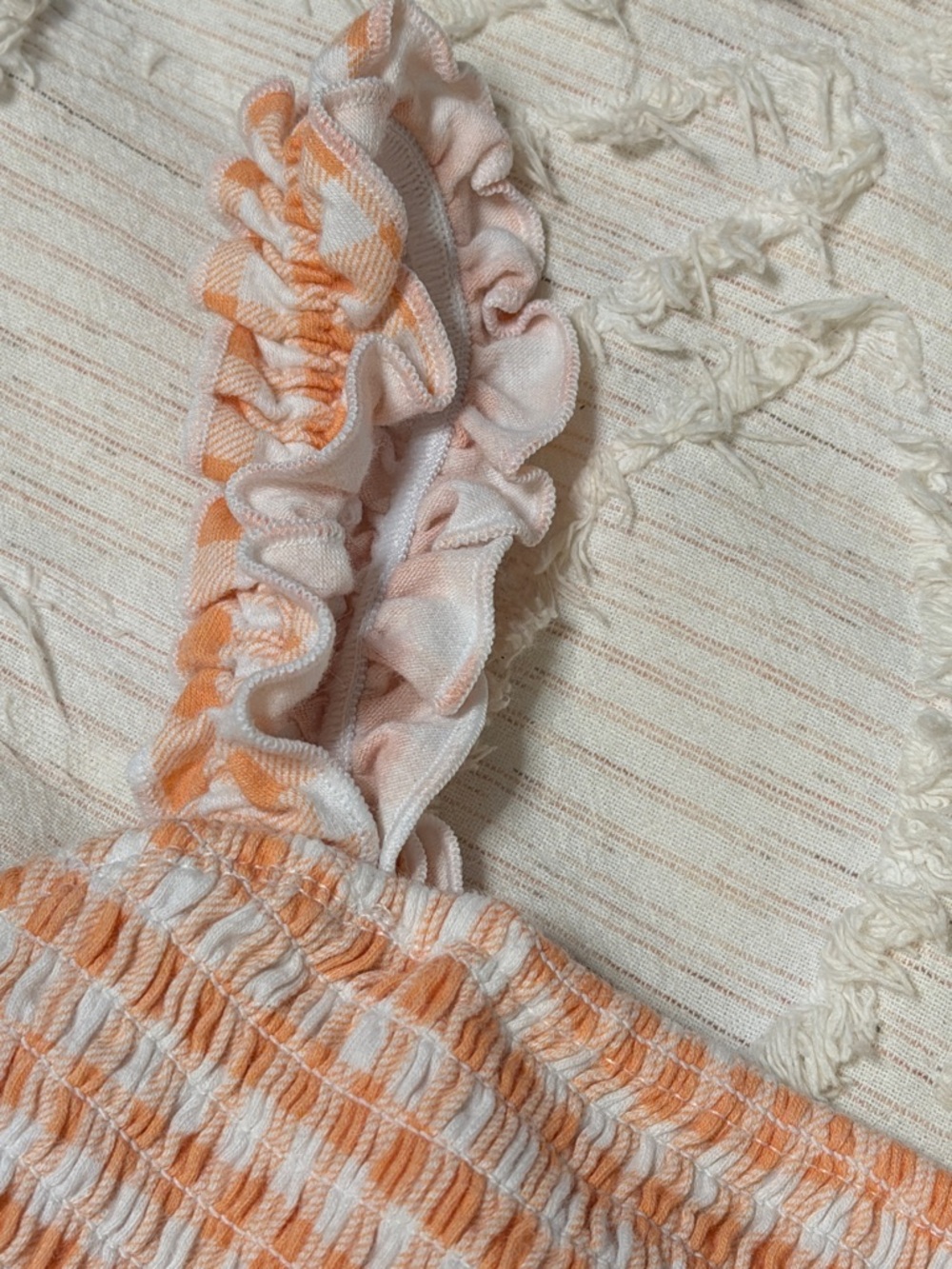 Smocked Ruffle Strap Tank Top - Orange & White - Picture 2 of 11